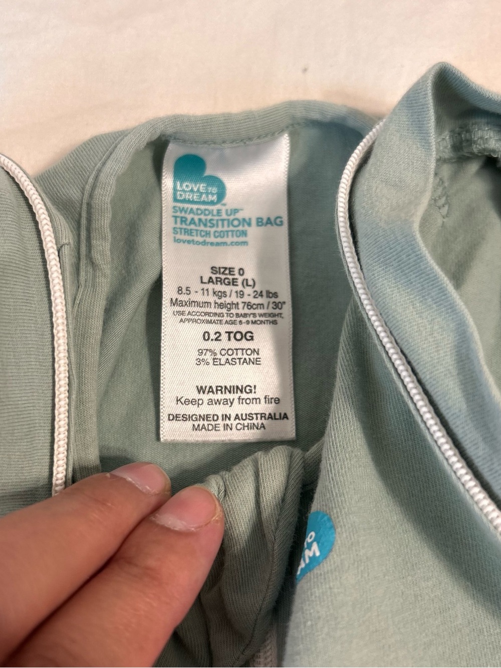 Love to Dream Swaddle Up Transition Bag Zip Front Green LARGE 19-24 Lbs 0.2 Tog - Picture 7 of 7